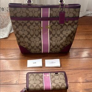 Coach Brown and Purple Signature Tote and Wallet